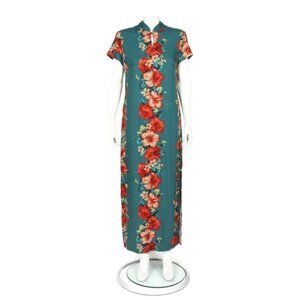 Hilo Hattie Hawaiian Maxi Dress Green Floral Mandarin Collar Rayon sz Small /679